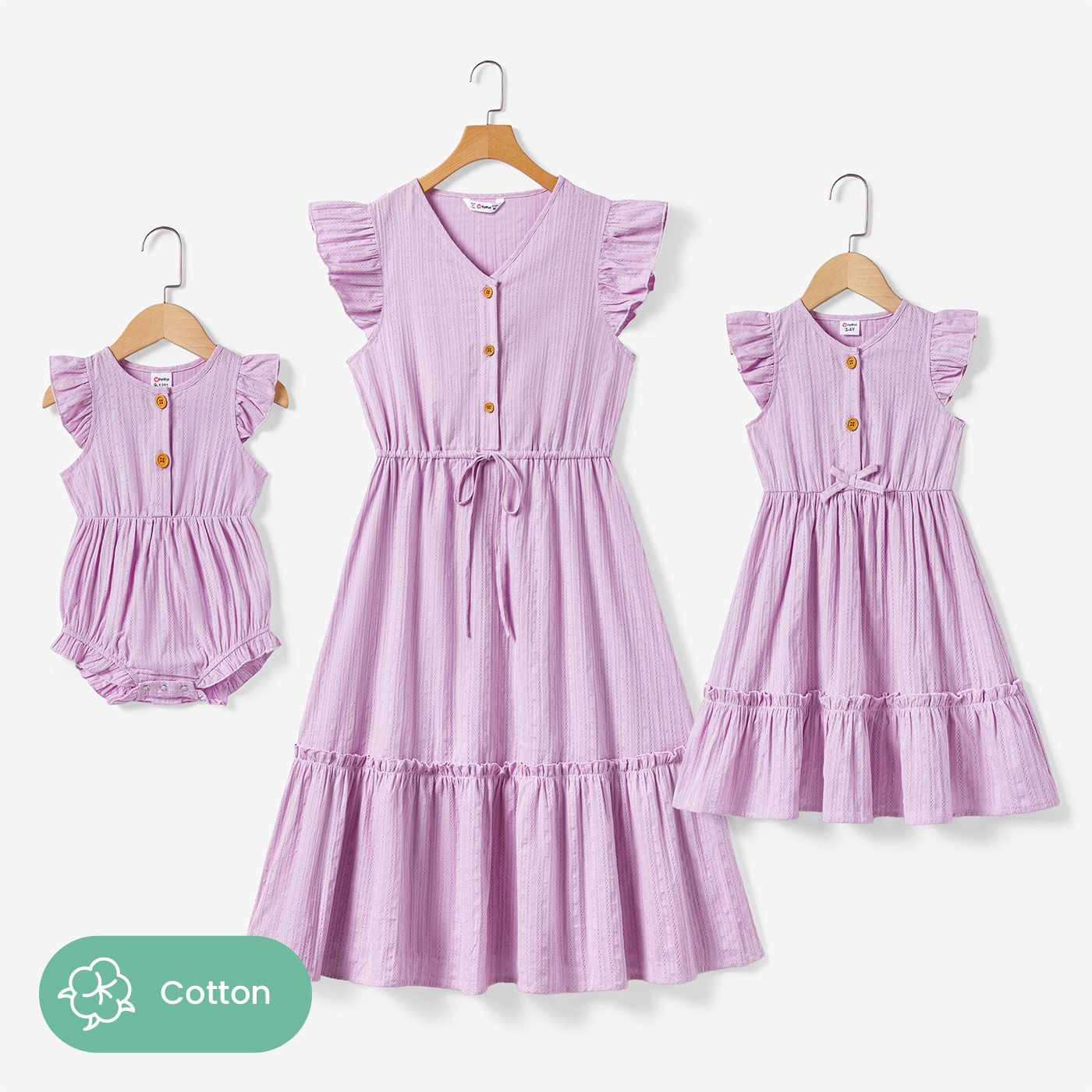 PatPat Family Matching Dresses Purple Kids Girl 6-7T Mommy and Me Solid Color Purple Button Cotton V-neck Tiered Dress, Girl Dresses